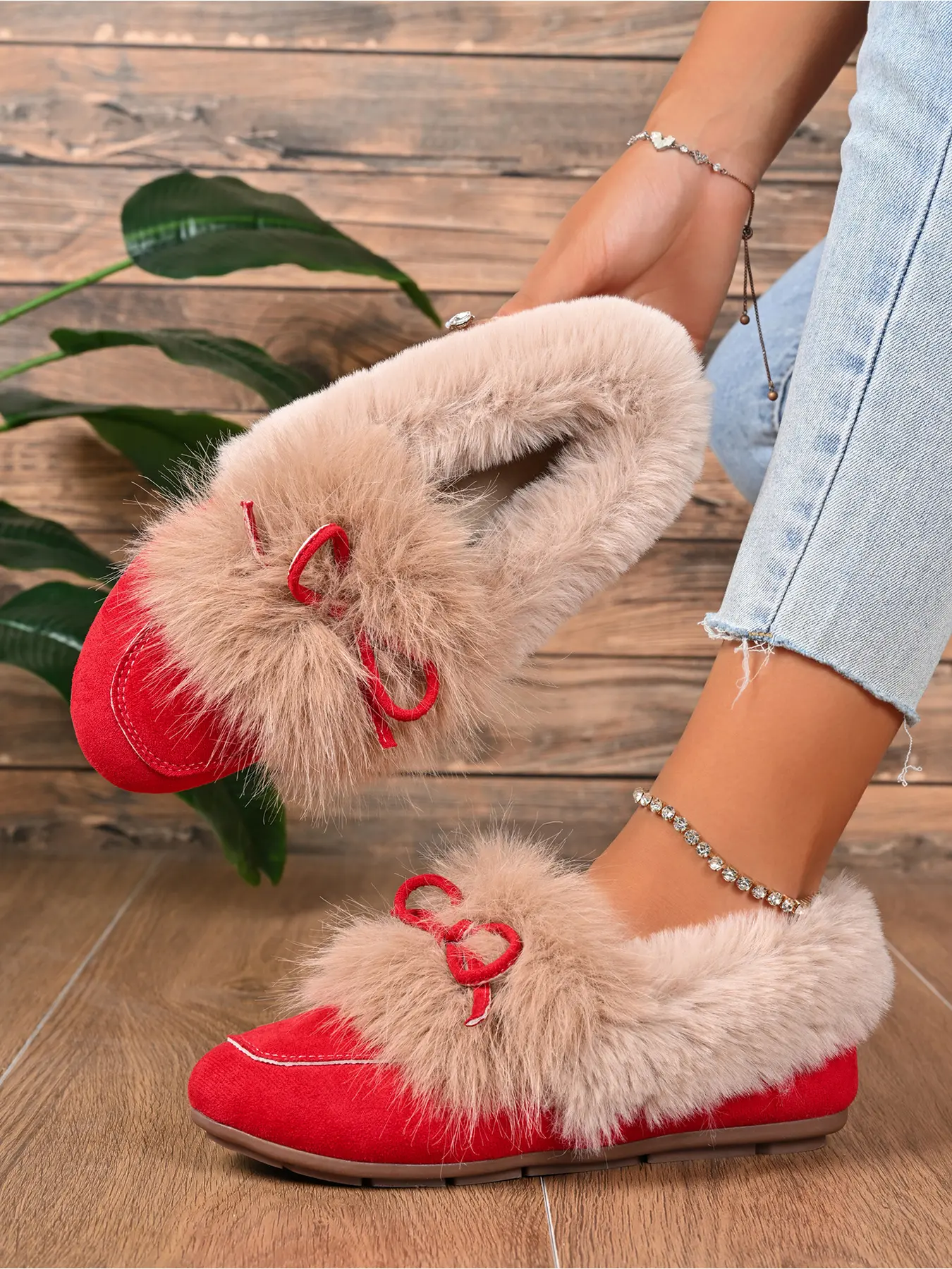 Women's Fashionable Plush Lace Bow Flat Loafers, Soft Sole, Non-Slip, Warm Slip-On Shoes for Home, Outings, Daily Commuting, Versatile