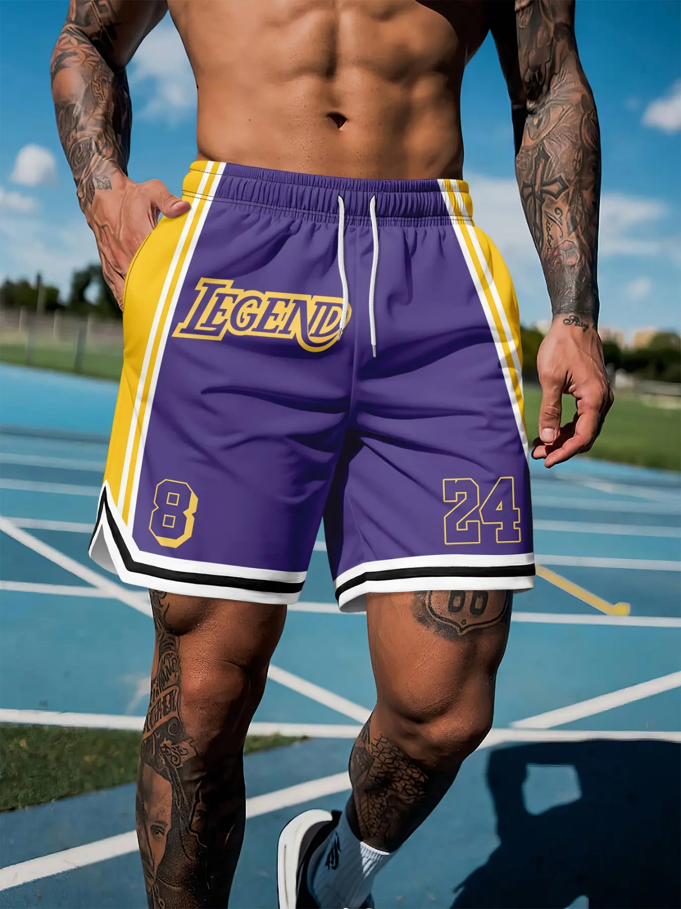 Men's Legend 8&24 Number Print Basketball Shorts, Casual Sporty Drawstring Fitness Shorts, Loose-Fitting All Seasons