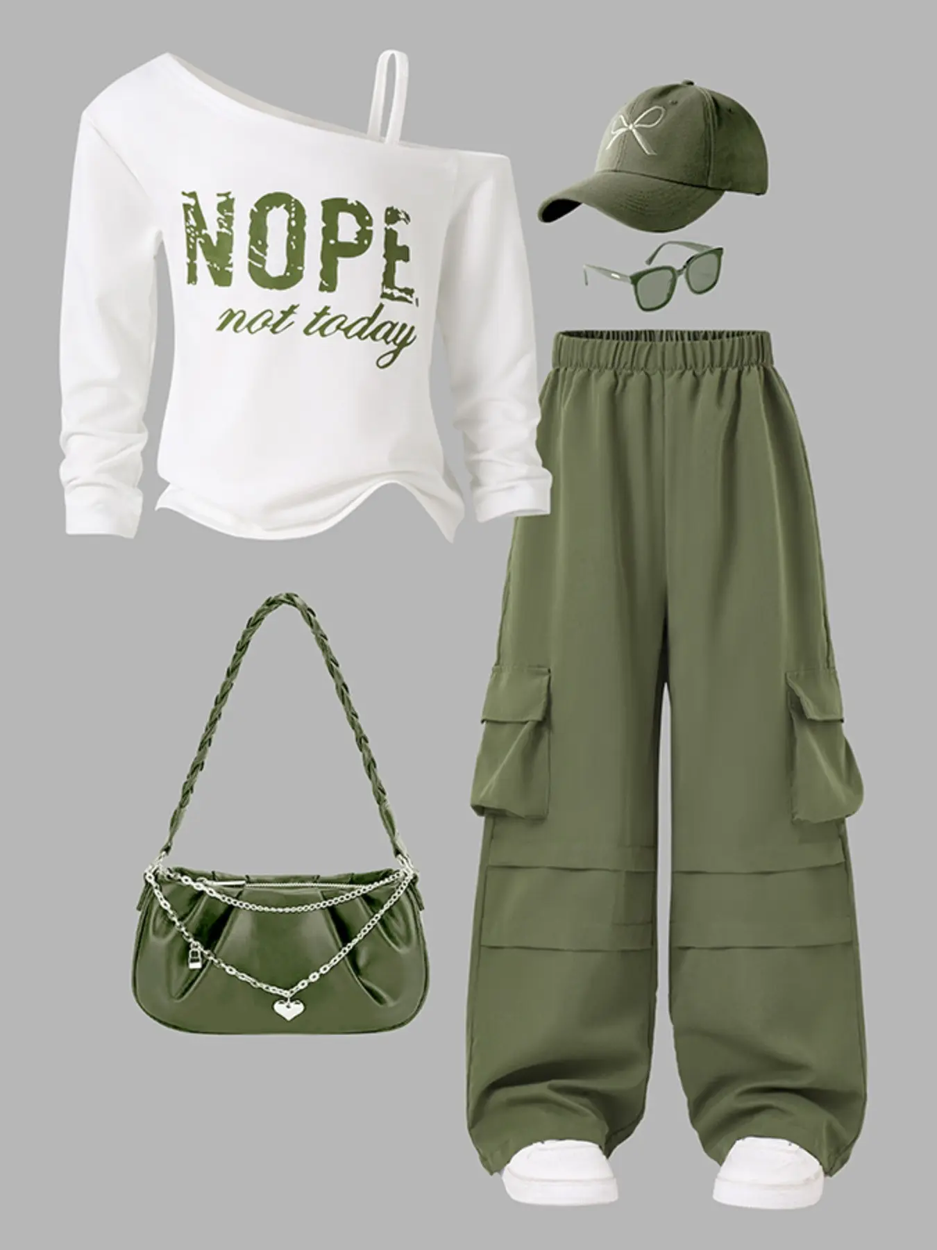 8-12Y Teen Girls Y2K Sweet Cool 2-Piece Outfit, Fake Two-Piece Off Shoulder Strap Long Sleeve Tee, NOPE Distressed Crack Letter Print, Army Green Multi-Pocket Cargo Wide Leg Pants, Spring Autumn Casual Set