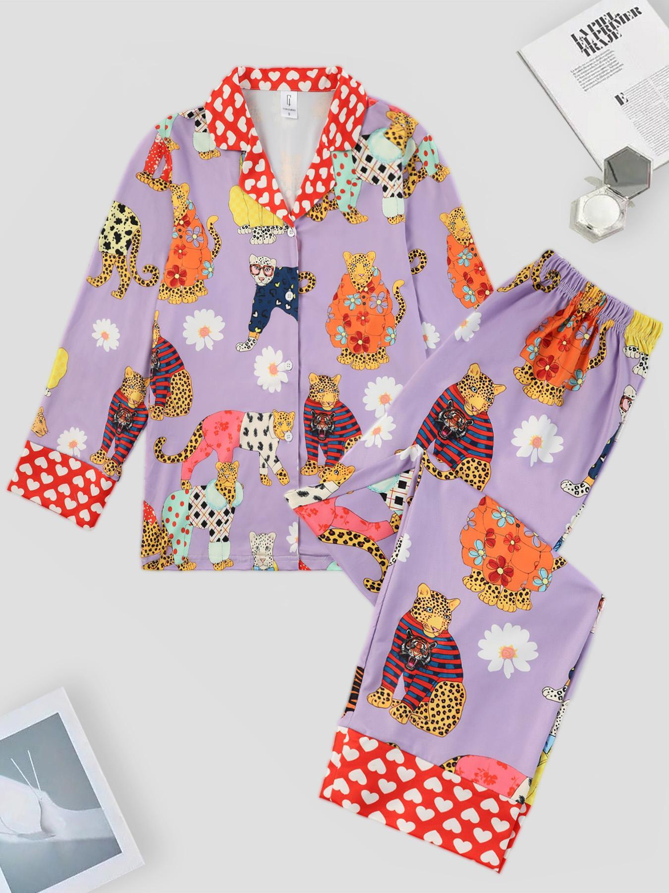 Two-piece Set Women's Heart & Leopard Print Lapel Neck Pajama, Long Sleeve Button Up Top & Elastic Waist Pants Pj Set, Casual Comfortable Sleepwear Loungewear Set for Women