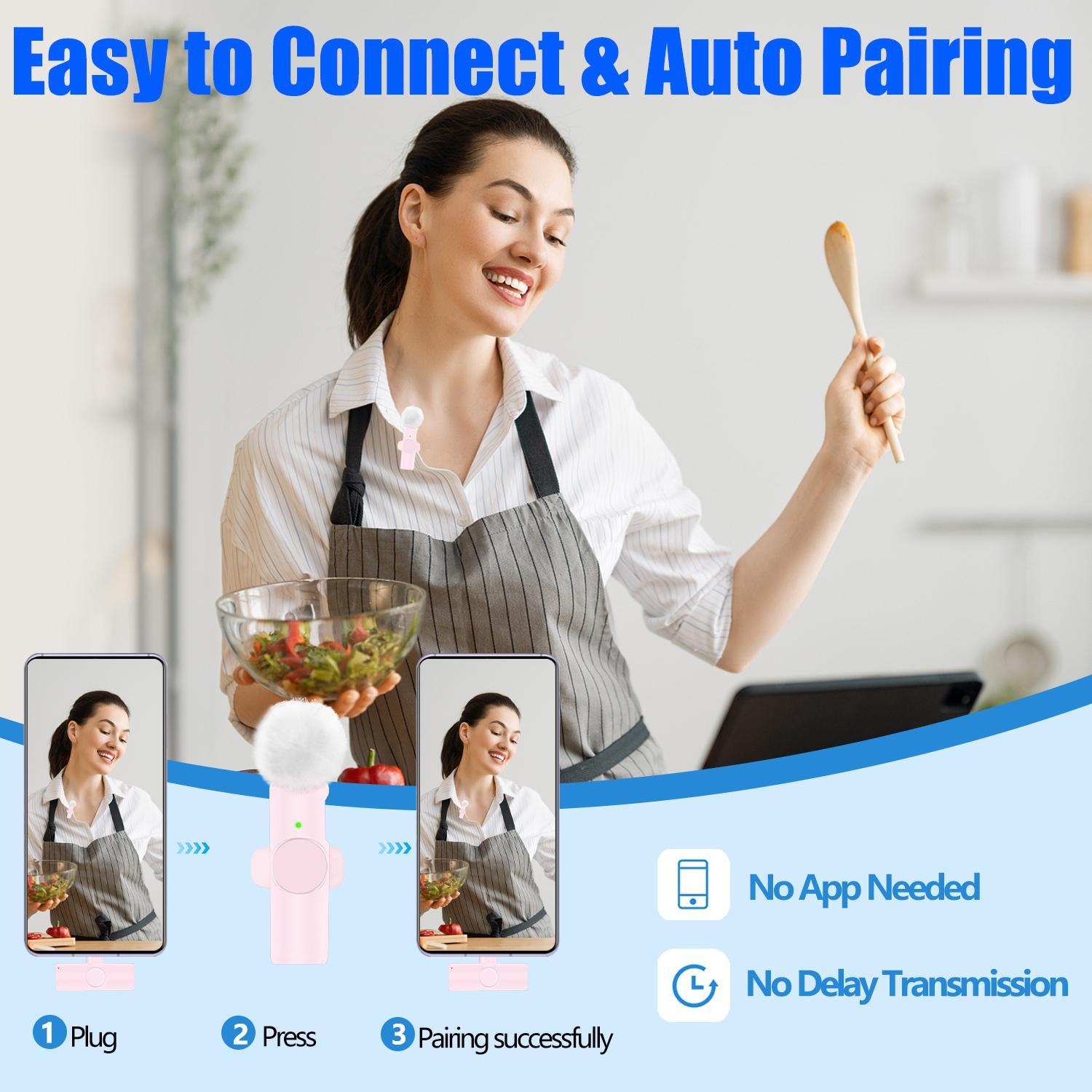 Wireless Microphone, Wireless Lavalier Mics, USB Rechargeable Lavalier Microphone with Charging Case, Portable Microphone for Video Recording, Compatible with iPhone, iPad, Android, Audio