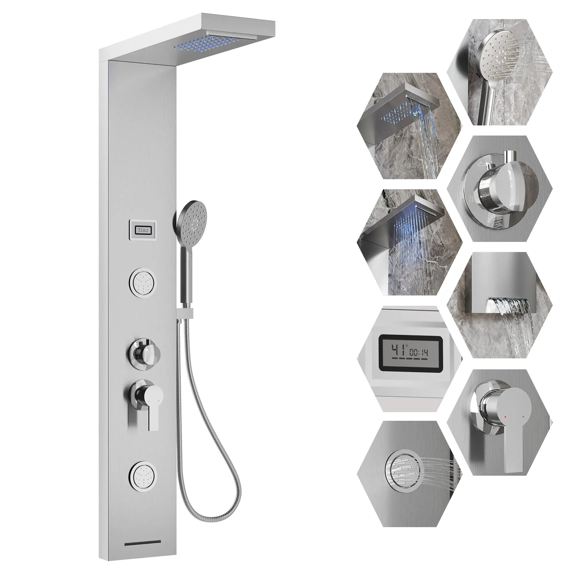 Brushed Shower Panel Tower with LED Temperature Display,Massage Jets, Adjustable Body Nozzles, High-Pressure Handheld Shower and Rainfall Head, Wall Mounted