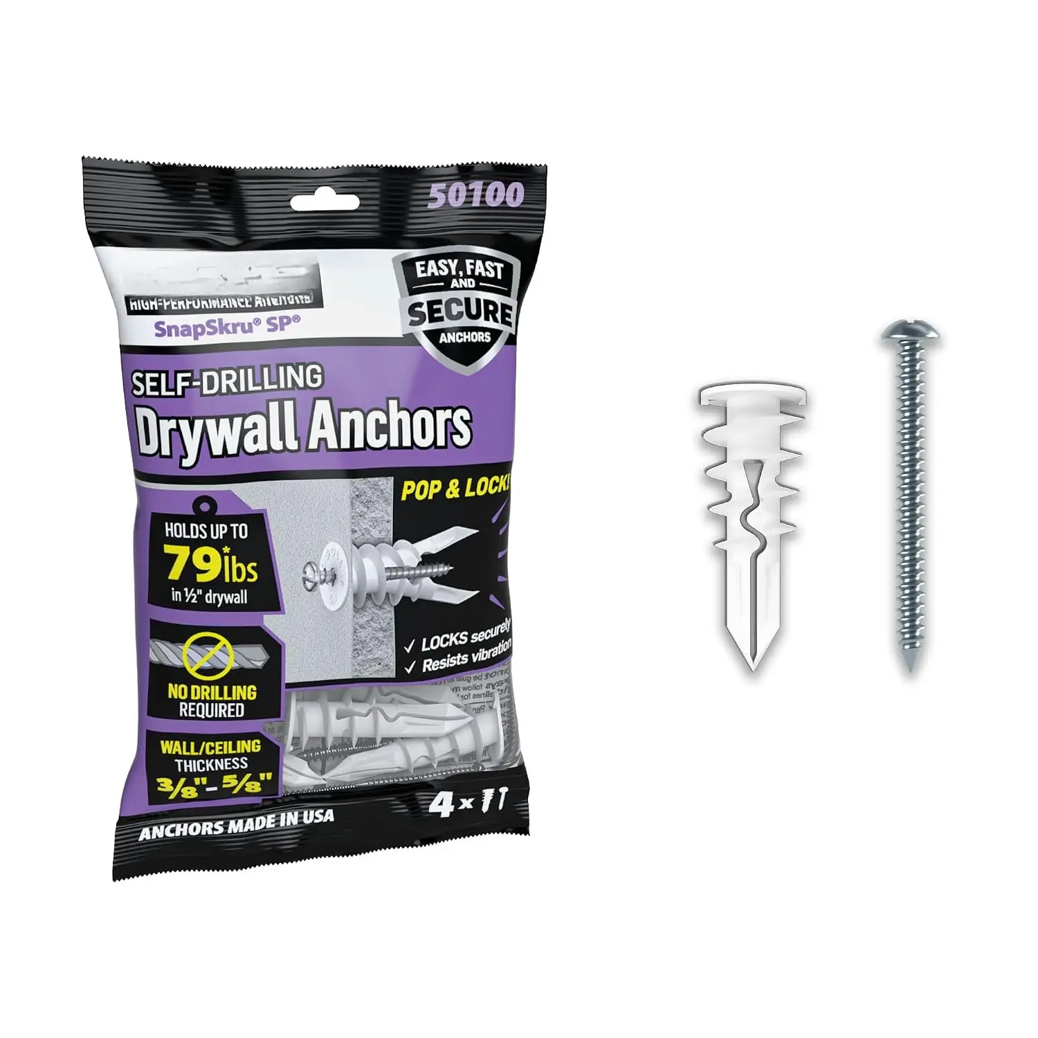 SnapSkru SP Drywall Anchors with Screws, 4 Pack | Glass-filled nylon self-drilling drywall anchors with screws for #6 to #10 fasteners