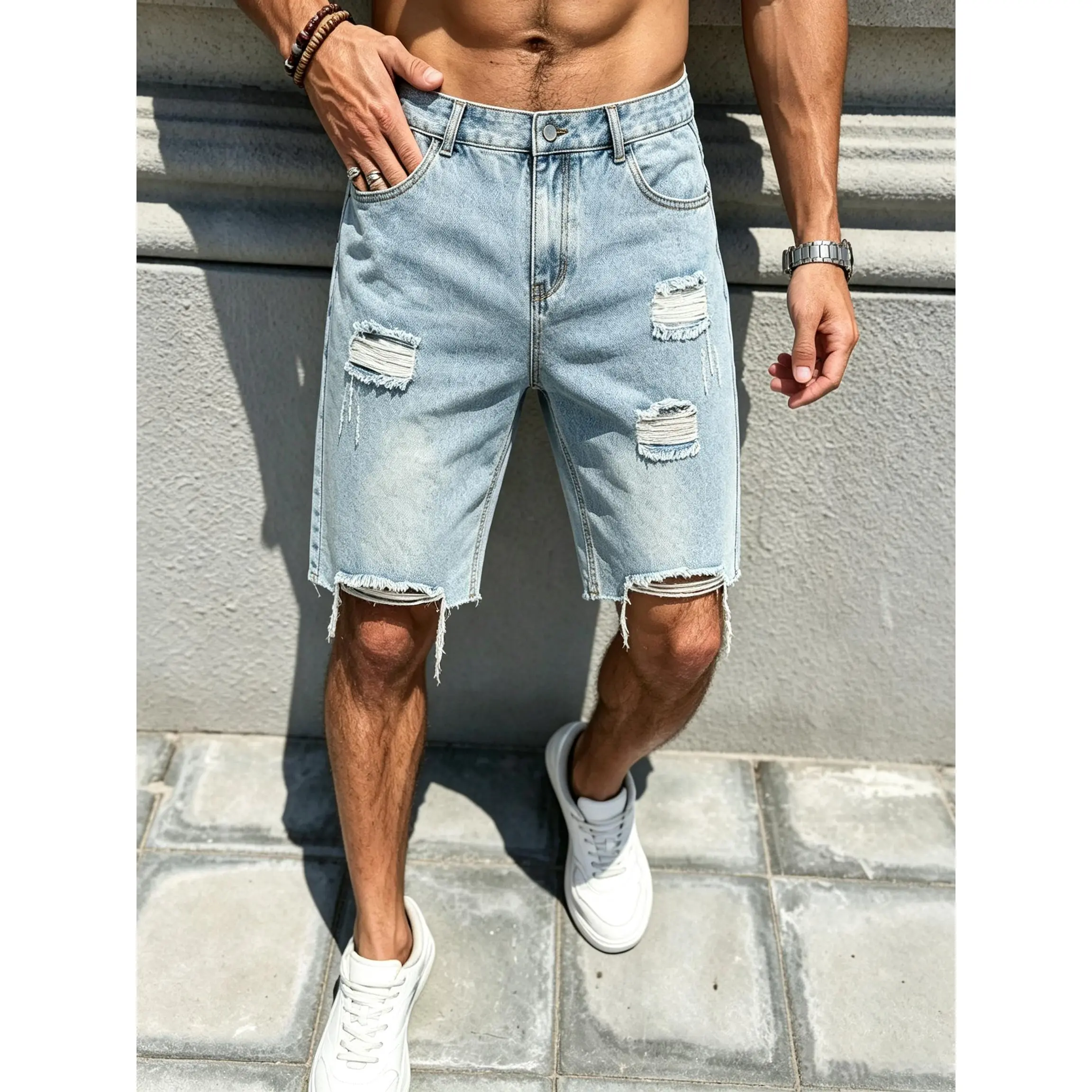 Classic ripped denim knee shorts with frayed raw edge hems and distressed patch detailing, rigid cotton denim relaxed straight fit front slip pockets vintage casual bottom staple for retro street mensfashion styling