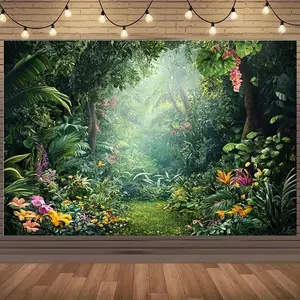 1 tropical jungle forest backdrop, featuring lush greenery, wildflowers, and exotic foliage - a vibrant spotlight backdrop for birthday parties, holiday events, festive celebrations, etc. - Available in various sizes, event backdrop |   Natural atmosphere