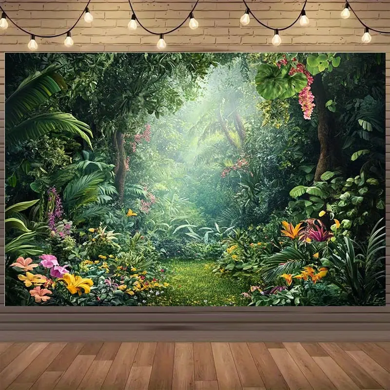 1 tropical jungle forest backdrop, featuring lush greenery, wildflowers, and exotic foliage - a vibrant spotlight backdrop for birthday parties, holiday events, festive celebrations, etc. - Available in various sizes, event backdrop |   Natural atmosphere