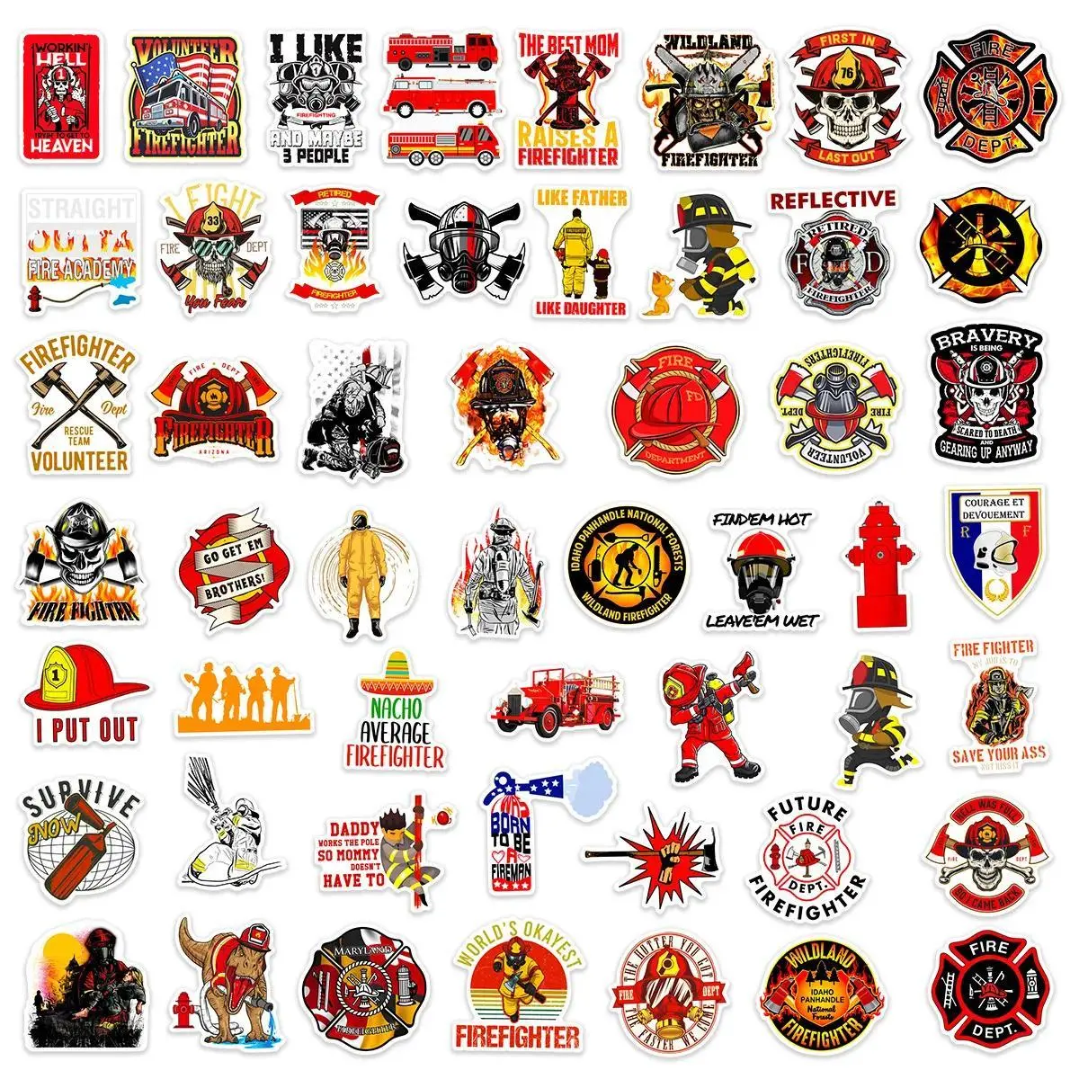 50Pcs Firefighter Style Cartoon Stickers Brave Fireman Fire Trucks Decals for Phone Guitar Diary Sticker