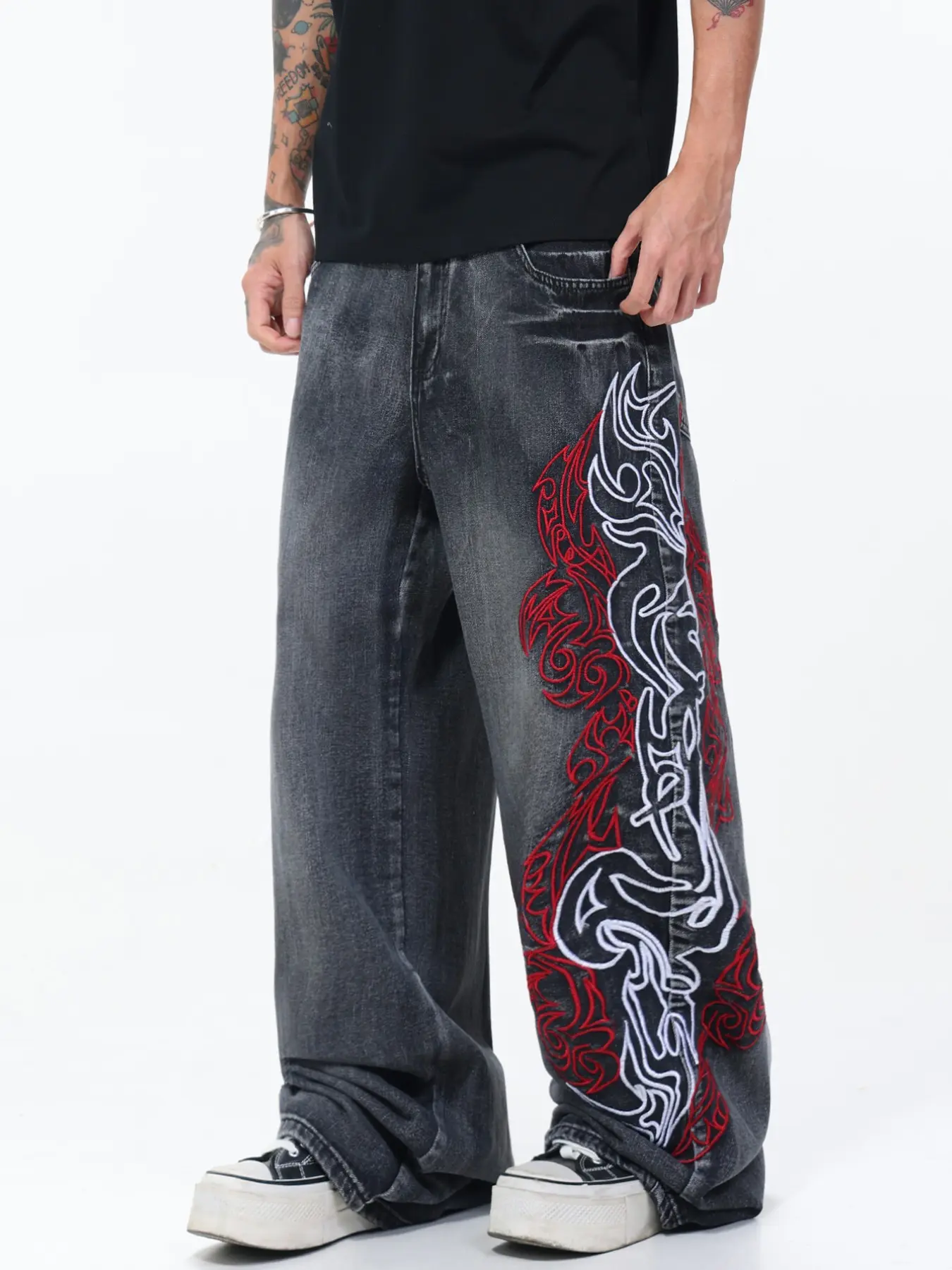 Men's Vintage Washed Flame Embroidered Jeans, Y2K Street Style Baggy Loose Fit Wide Leg Pants, All Seasons Fashion Long Trousers