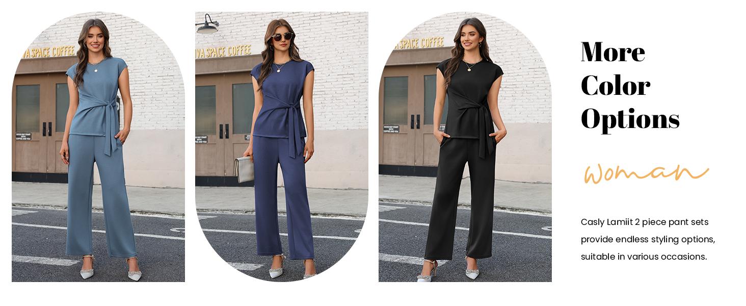 Casly Lamiit Women's 2 Piece Set - Soft Fabric Round Neck Cap Sleeve Top with Belted Tie & Crop Wide Leg Pants - Versatile Travel & Everyday Wear #Springfresh