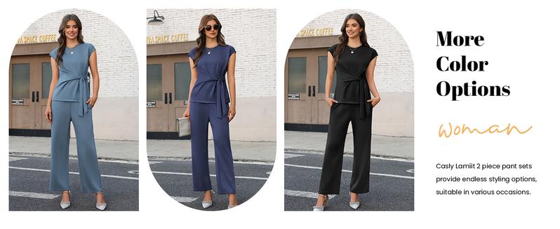 Casly Lamiit Women's 2 Piece Set - Soft Fabric Round Neck Cap Sleeve Top with Belted Tie & Crop Wide Leg Pants - Versatile Travel & Everyday Wear #Springfresh