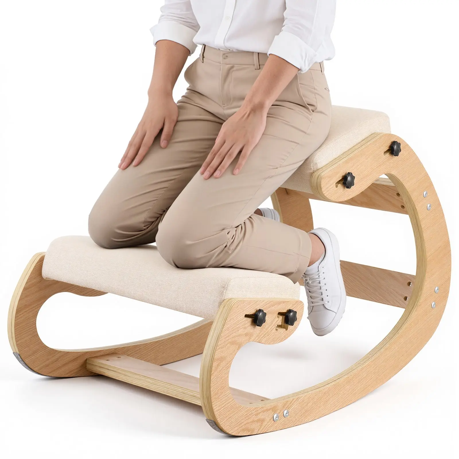 VEVOR Ergonomic Kneeling Chair QDQY-03, Solid Wood Frame Knee Chair with Adjustable Thick Foam Cushion Seat, Height Adjust Function, Neck & Back Pain Relief for Home Users, Office/Meditation, Beige
