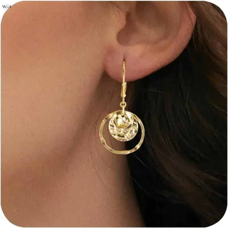 38mm 14K Gold Plated Hammered Triple Circle Drop Earrings, 2-Tone Gold/Silver Lever Back Geometric Textured Dangle Earrings, Minimalist Modern Daily Business Casual Jewelry Gift for Women,Acrylic,Personalized