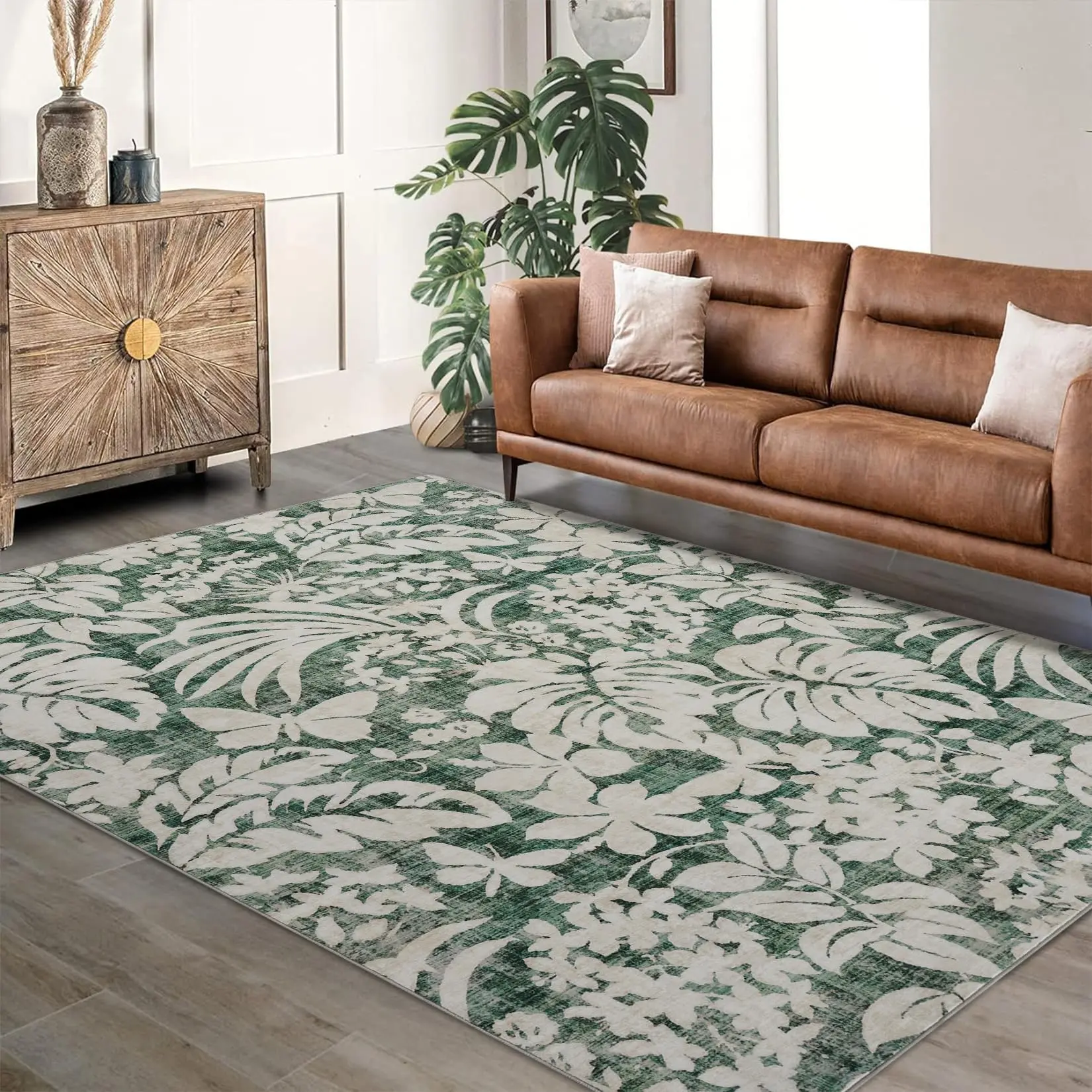 Garvee Area Rug 8'x10' Botanical Floral Leaf Printed Accent Carpet With Non-Slip Backing, Stain-Resistant Indoor Carpet for Living Room, Bedroom, Kitchen, Green