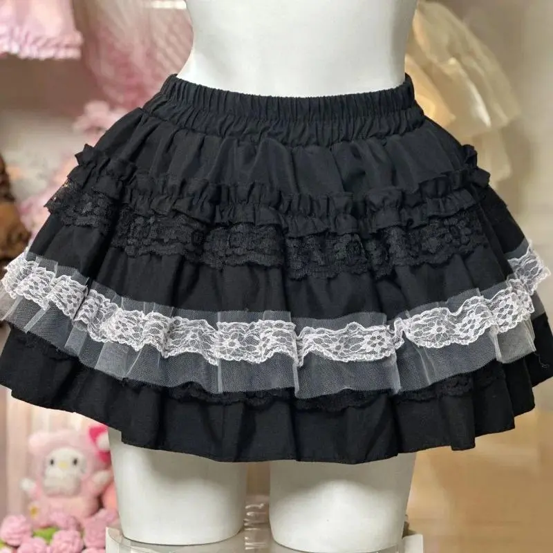 Harajuku Kawaii Lolita Cake Skirt Women Sweet Lace Patchwork Fluffy Mini Skirt High Waist Princess Streetwear Fashion