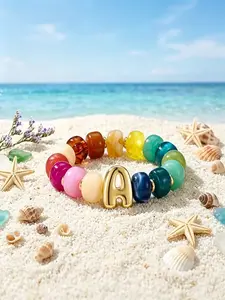 Women's Colorful Letter Beaded Bracelet, Resin Bucket Beads Elastic Wristband, Stackable Jewelry, Casual All-Season Accessory