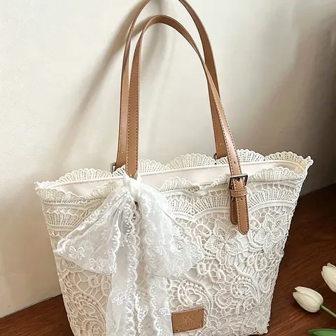 Elegant retro lace tote bag, Pu Tote Bag, Elegant Daily Commuter Bag, adjustable tote bag design, lace scarf decoration, shoulder bag, can accommodate files and tablets, suitable for commuting, dating, and gatherings