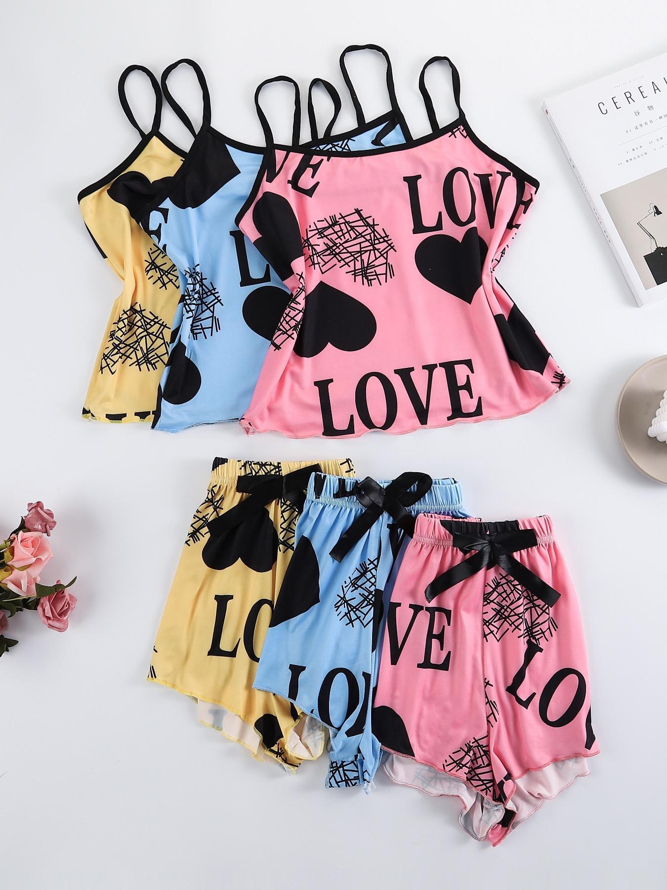 2 Pieces/ 6 Pieces  Women's Heart & Letter Print Lettuce Trim Pyjama Set, Casual Spaghetti Strap Cami Top & Bow Decor Shorts, Summer Sleepwear Loungewear Set for Women