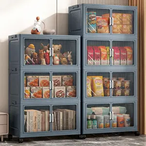 No Assembly Storage Cabinet Movable Universal Wheel Large Capacity Transparent Visible Door Stackable Combine Home Toy Snack Sundries Clothes Books Organizer Storage Box