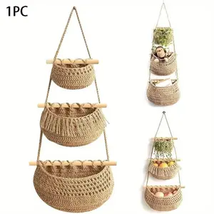Boho Style Wall Hanging Storage Basket, 1 Set 3 Layer Handmade Rope Storage Basket, Multifunctional Home Decor for Living Room Bedroom Kitchen, Organiser, Organizer, Hangable, Cascading Fruit Baskets