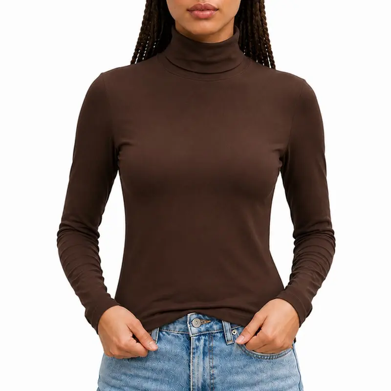 Turtleneck Long Sleeve Shirt for Women, Solid Layering Tee for Office, Travel and Cool Weather Wear