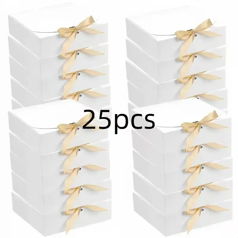 Gift for her/him 25pcs foldable exquisite gift box with pre-tied bow ribbon-6.5X6.5X2 inch solid color gift box (black/white/pink/brown) is suitable for all occasions, holidays, birthdays, weddings | with ribbon, without tools, Christmas.