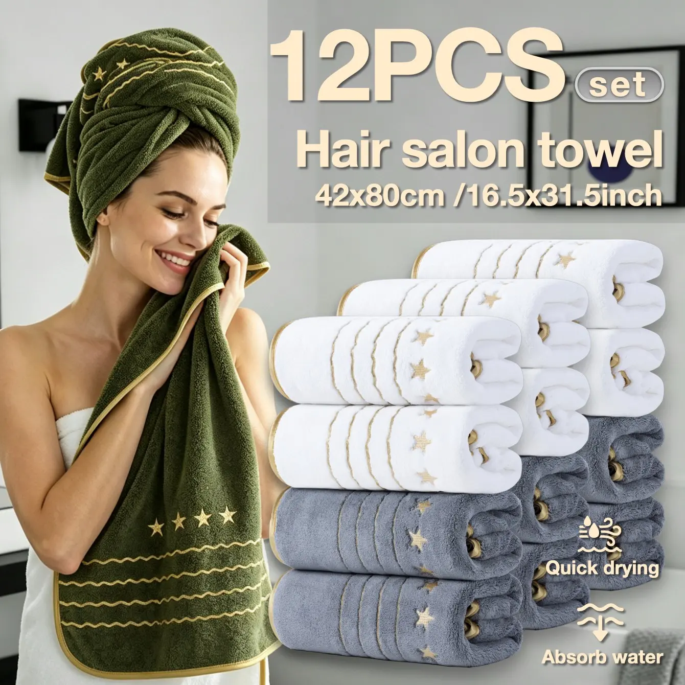 12-Pack Luxury Gold Trim Embroidered Hair Salon Towels, Soft Absorbent Coral Fleece, Quick Drying Towel, Durable Edge Binding, Ideal for Home Spa