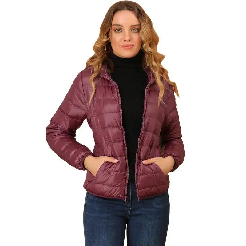 Puffer Coat Winter Long Sleeve Zip Up Hooded Lightweight Packable Down Jacket Burgundy