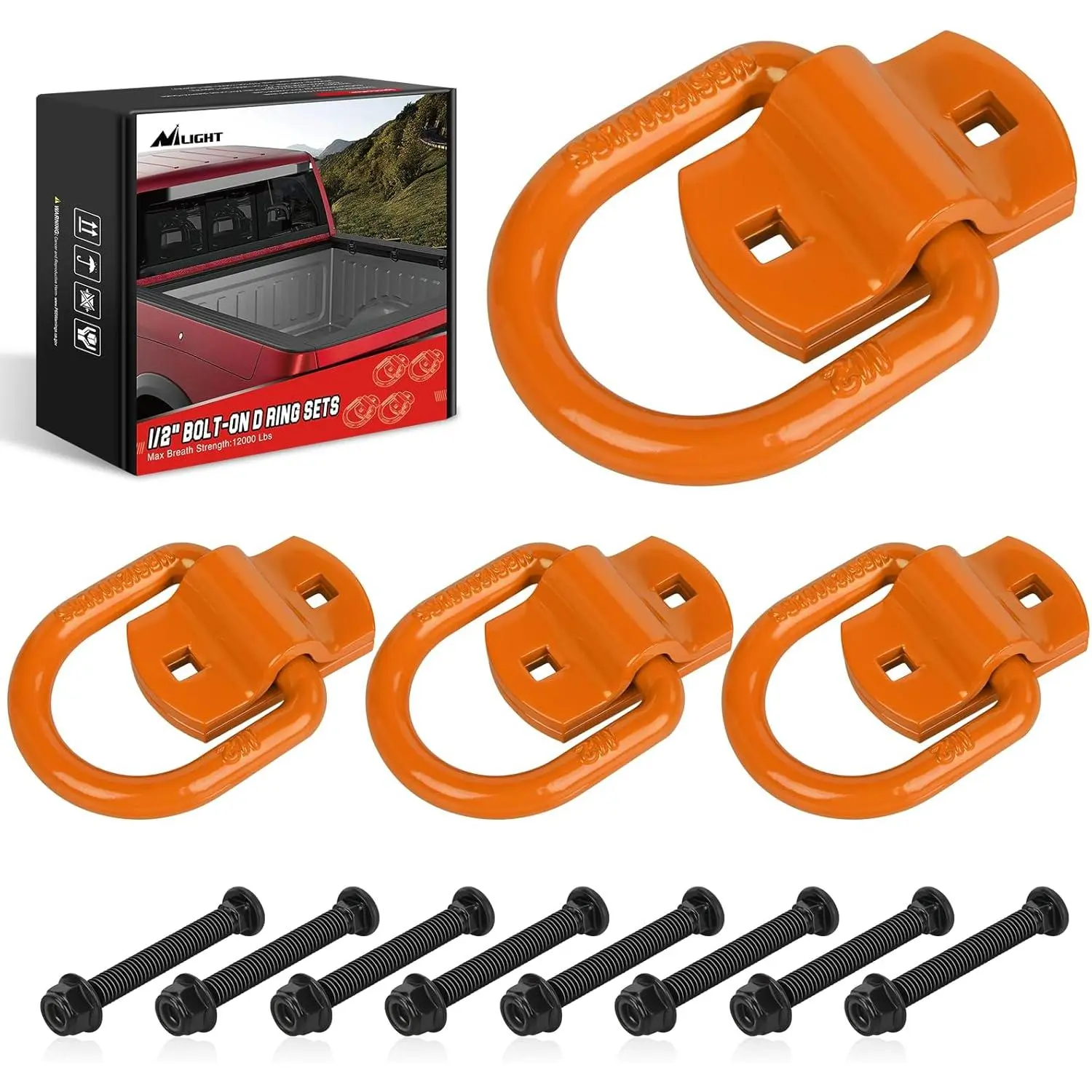 Nilight 4 PCS Upgraded Quality Heavy-Duty Alloy Steel D-Ring Tie Down Anchors, 1/2" Bolt-On Anchors with 3.15 inch Long Bolts, 12000 lbs Break Strength Rope Hook (Orange) for Trailers, Trucks, Easy to Install