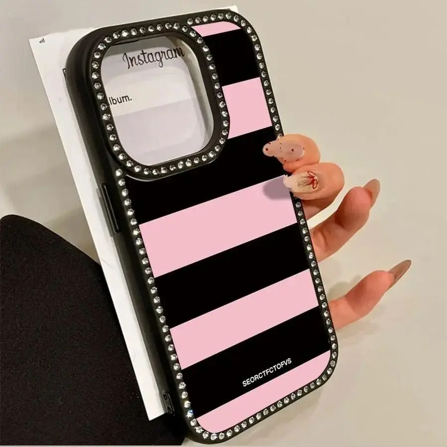Pink & Black Striped Letters Pattern Double-Sided Diamond Transparent Thin Light TPE Smartphone Casing - Cellphone Protection Accessory for iPhone 17 Pro, 16, 15, 14, 13, 12, 11 Pro Max Plus, 16e - Christmas, Valentine's Day Gifts