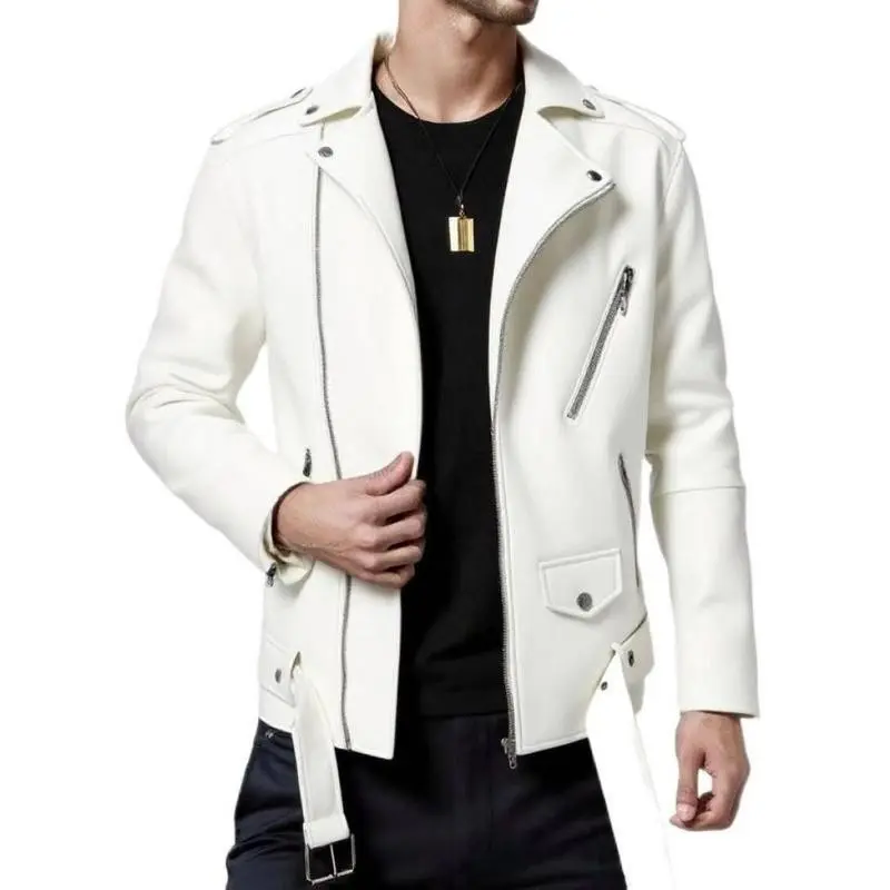 Motorcycle Style Men's Autumn Winter Mid-Length Slim Fit Leather Jacket Trench Coat