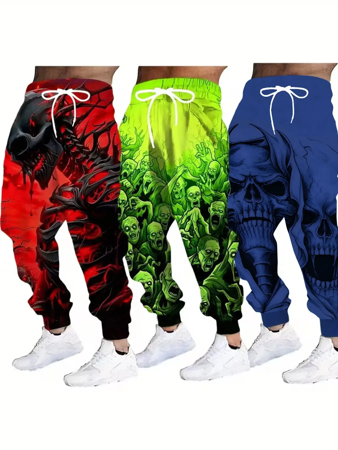 3-Piece Set Horror Skull Zombie Print Drawstring Loose Fit Sports Casual Long Pants for Men, Trendy and Comfortable