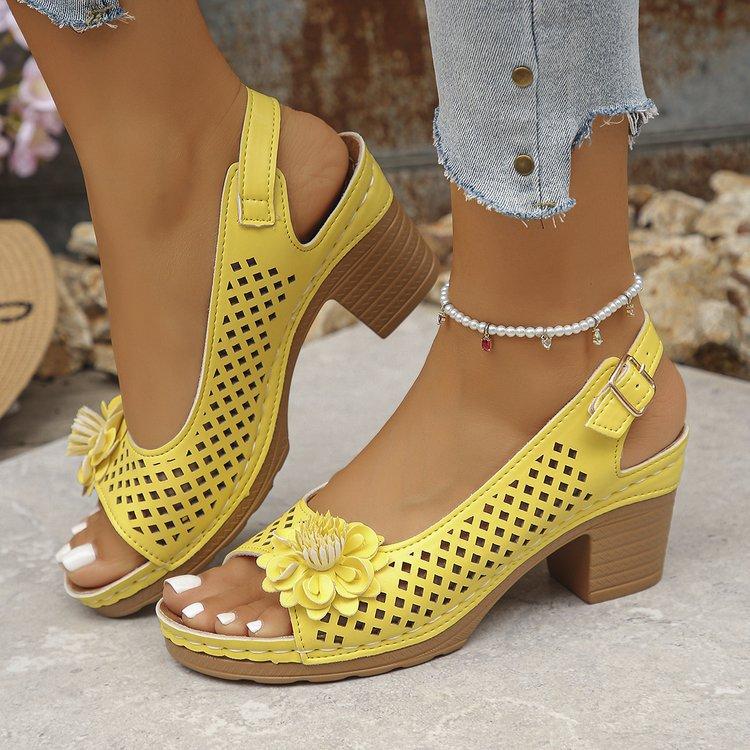 Spring Summer High Heeled Sandals for Women One Strap Hollow Floral Sandals Peep Toe Chunky Heel Sandals