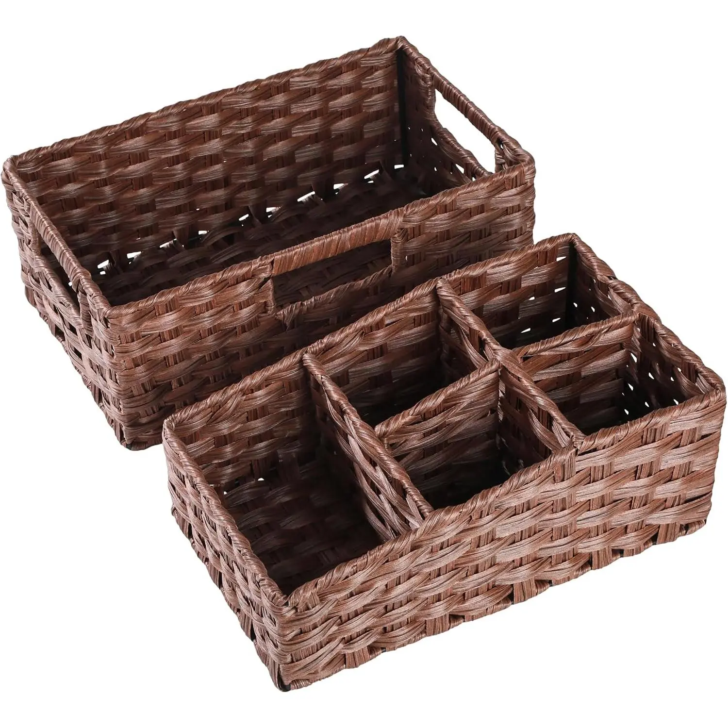 2-Pack Resin Wicker Storage Baskets for Shelves, Organizing Baskets, Tan |   Woven baskets for storage; washable weave, sturdy metal frames, large handled basket and divided caddy for pantry and closet.