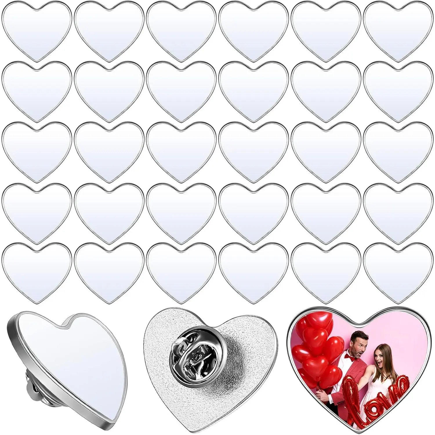 30 Pcs 0.75" Heart Sublimation Blank Pins Button Badge Kit with Aluminum Inserts & Butterfly Backs, Personalized Custom Name Tags for DIY Wedding Bridal Shower Great Mother's Day Gift
