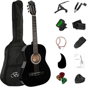 38in Beginner Guitar Acoustic Guitar  Starter Kit Tuner Capo Strings Winders Strap Picks Student  Adults Guitar Pickguard with Gig Bag