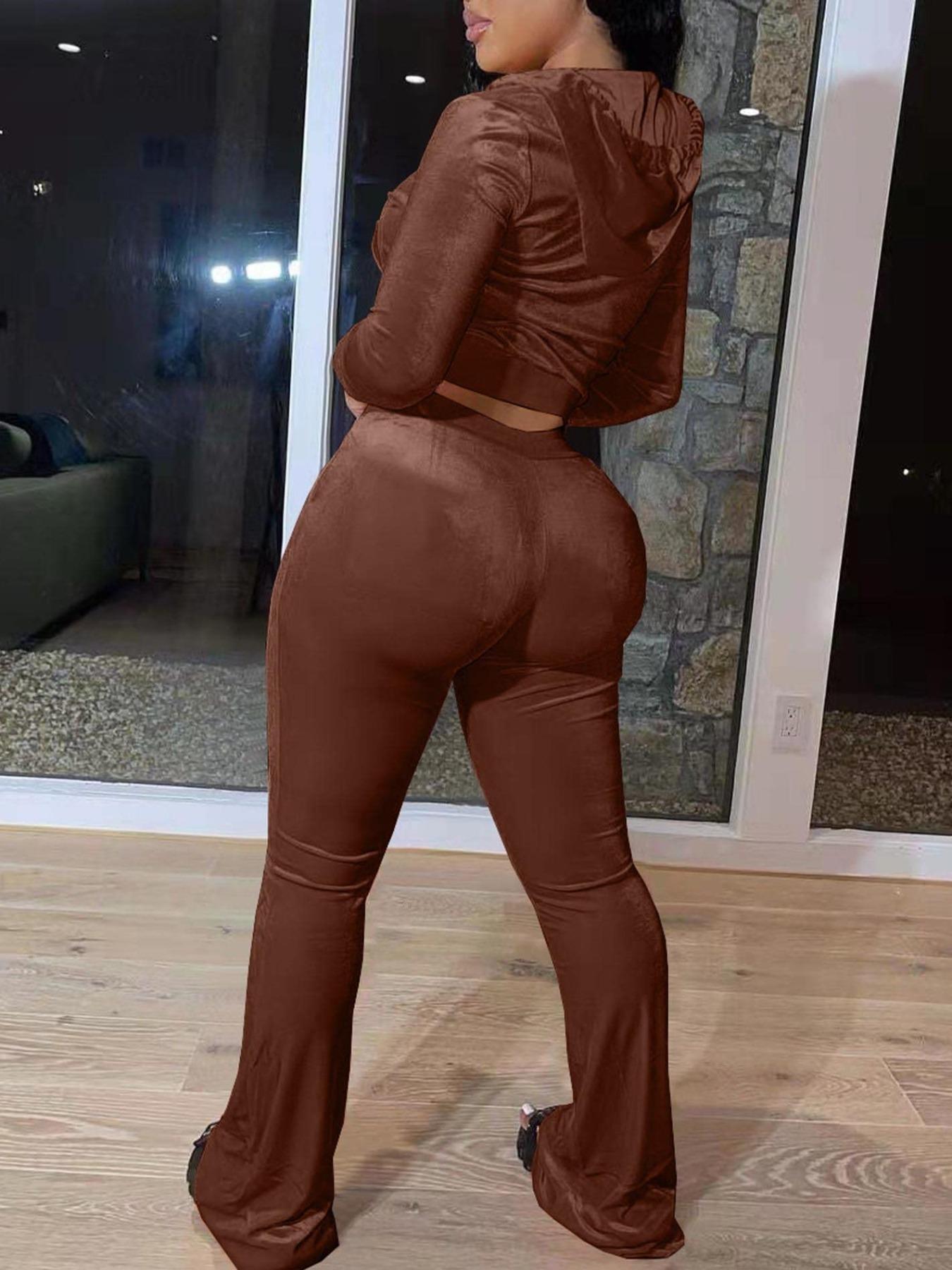 【Plus Size】 Two-piece Set Fitted Hooded Long Sleeves Jacket & Elastic Pants with Pockets Soft Velvet Set for Daily Casual Wear, Women's Two-piece Outfits for Fall & Winter