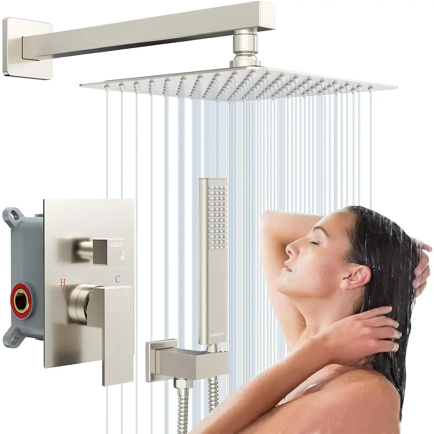 Rain Shower System Sets Faucet:  10 Inch Overhead Rainhead Shower Combo Set With Handheld And Valve-Luxury Modern Mixer Rainfall Brushed Nickel Shower Faucets Sets Complete