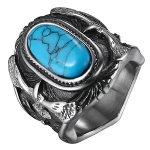 Men's Turquoise Cabochon Signet Ring - Retro Stainless Steel Oval Nugget Ring with Seal Motif, Durable Tarnishing-Resistant Freedom Jewelry Gift for Husband