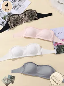 4-Pack Smooth Seamless Wireless Bandeau. 4-Color Combo, Side Buckle Design, Invisible Anti-Slip Strips, Removable Pads, Soft Support Lift, Invisible Under Tight Clothes.