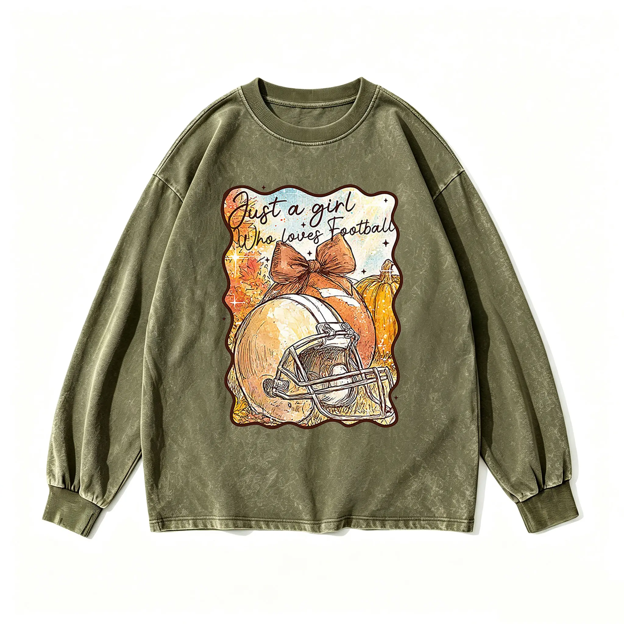 Just A Girl Who Loves Football Sweatshirt, Vintage Olive Green Game Day Crewneck, Coquette Bow Football Helmet Pullover, Autumn Sports Gift