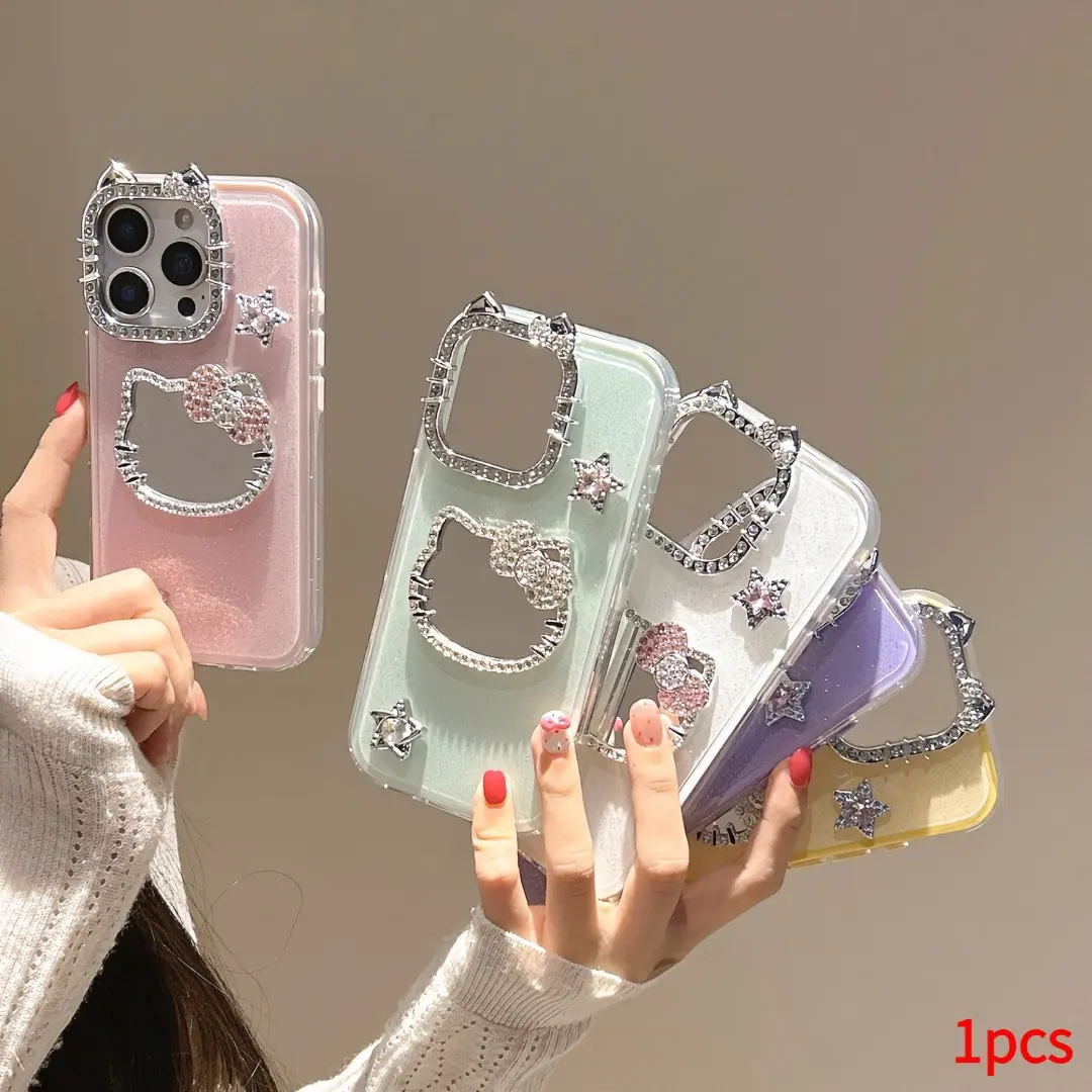 New Glitter Kt Cat Lens Frame Phone Case for Apple 17 Pro, iPhone 16 Pro Max, Full Protection, Anti-Drop, Gradient Glitter, High-End Design, Decorative Smartphone Protector