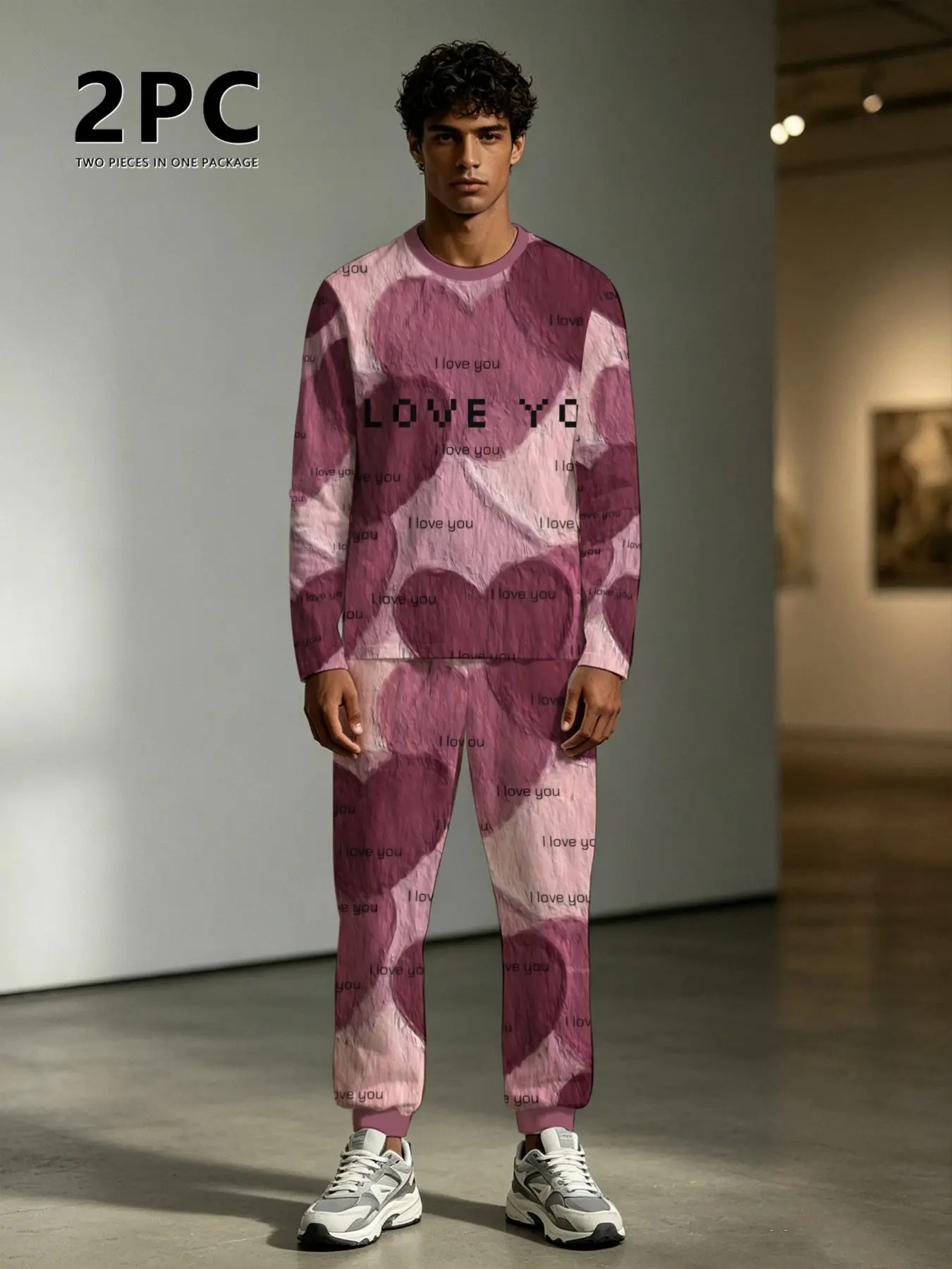 Men's Valentine Date Set, Heart I Love You Full Print Long Sleeve Fitted Ankle Pants, Casual All Seasons Sportswear