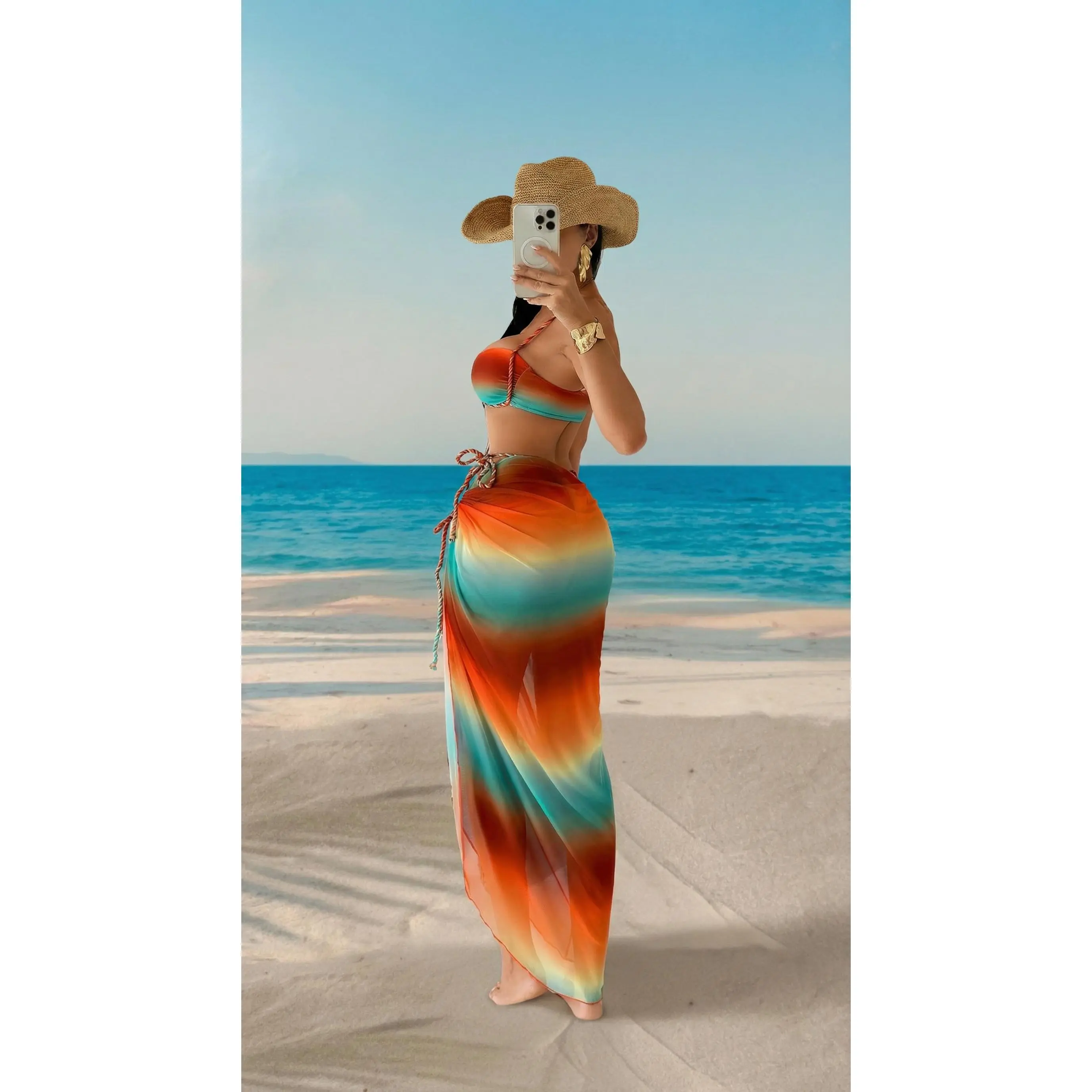 New Arrival Women's 3pcs Tankini Set - Rainbow Ombre Twist Front Tie Strap Bikini with Side Knot Split Wrap Maxi Sarong, Hawaii Boho Beach Vacation Style, Sports & Outdoor Swimwear, Local Warehouse