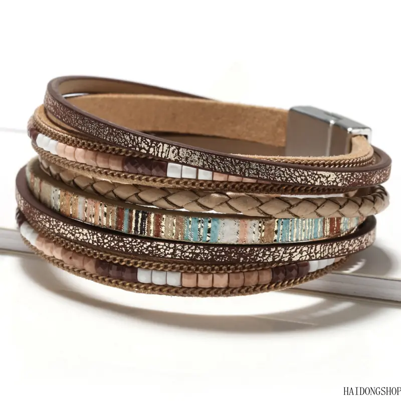Bohemian Beach Viral Hand Woven PU Leather Bracelet For Women, Multi-Layer Alloy Magnetic Clasp Stack Wrist Band, Western Earth Tone Accessory For Festival Beach Daily Travel Styling,Merry,Christmas,Beaded,Stretch,Bracelets,ideal,gift