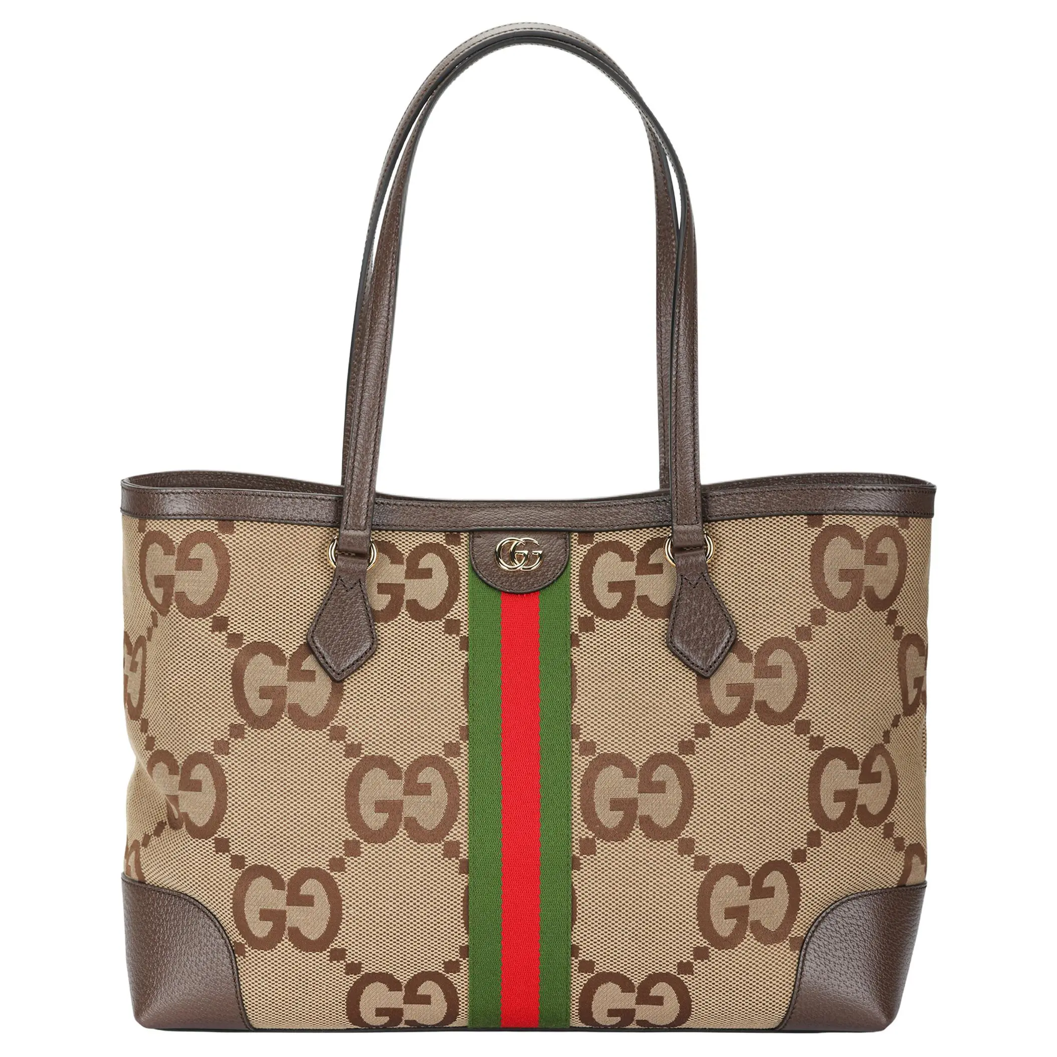 Gucci Ophidia Double G Vintage Monogram Stripe Canvas and Leather Tote Bag for Women in Camel and Ebony