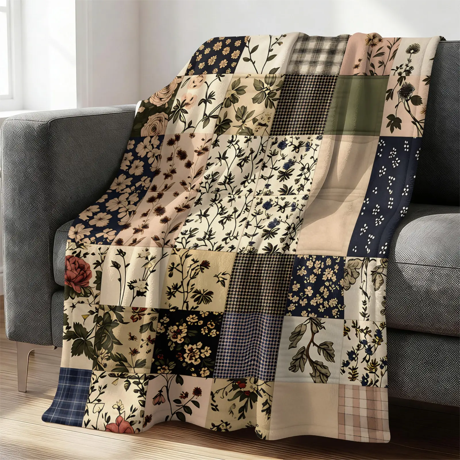 Patch Grid Botanical Floral Plaid Mix Pattern Flannel Blanket, Muted Neutral Tone Wildflower Check Houndstooth Warm Fuzzy Throw Blanket, Portable Nap Blanket for Office Camping Travel, Farmhouse Floral Textured Home Decor Blanket