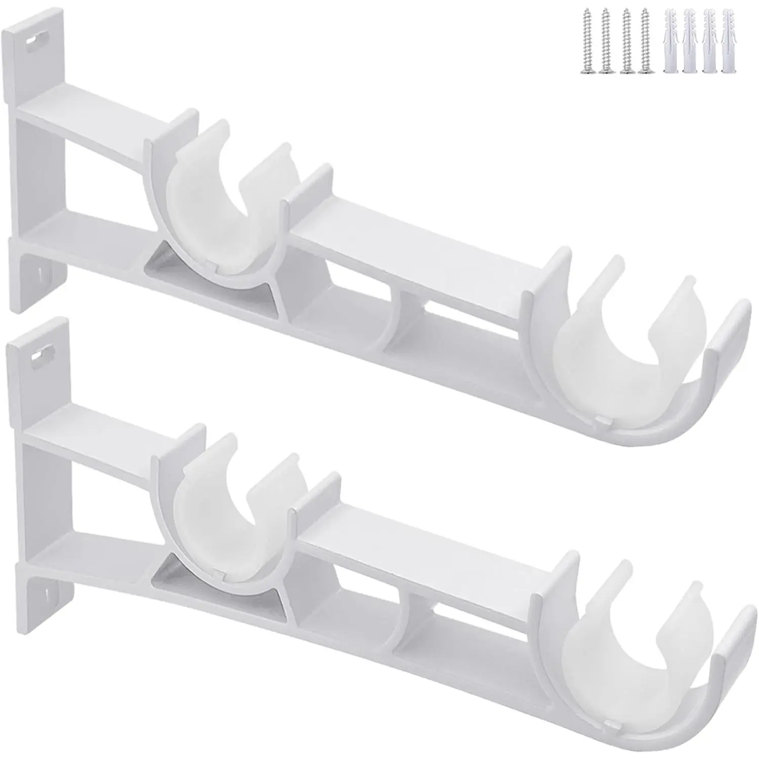 Curtain Rod Bracket, Double Curtain Rod Brackets, Heavy Duty, White Double Rod Curtain Holders Curtain Hooks for 1 Rod, Easy to Install, 2 Pack