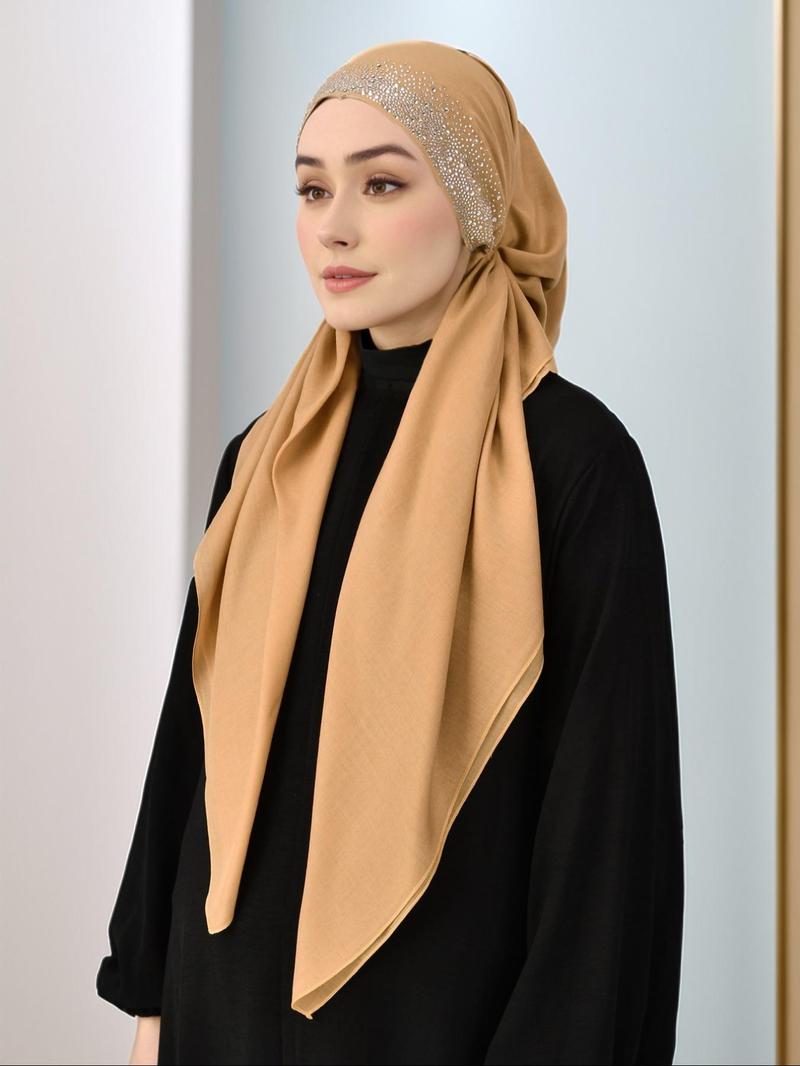 Women's Solid Color Rhinestone Decor Instant Hijab, Turban Hijab, Modest Fashion Breathable Hijab for Daily Wear, Women's Islamic Clothing for All Seasons