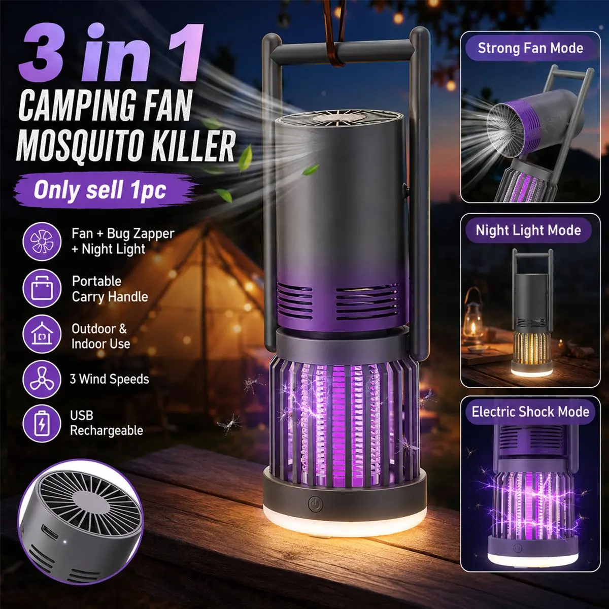 3-in-1 Camping Fan Mosquito Killer Lamp, Rechargeable Outdoor Bug Zapper with UV Light Trap, Electric Shock Mode, 3-Speed Strong Airflow, Night Light Lantern, Portable Handle Design for Camping, Patio, Garden, Bedroom, Tent, Travel Use