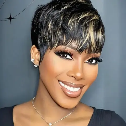 7.5-Inch Short Pixie Cut Hair Wigs for Black Women, Gorgeous Fluffy Wigs with Bangs, Synthetic Wigs for Parties and Daily Use